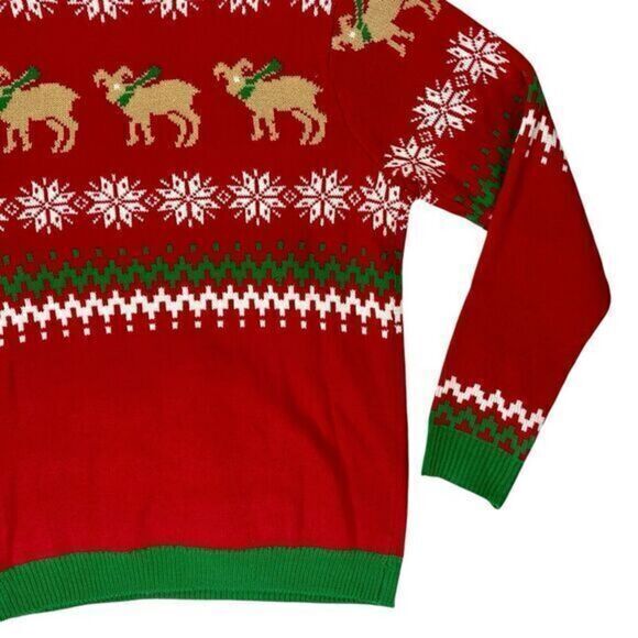 JOLLY SWEATERS Goat drinking Beer Ugly Christmas Sweater Holiday Unisex L Red - Picture 10 of 15